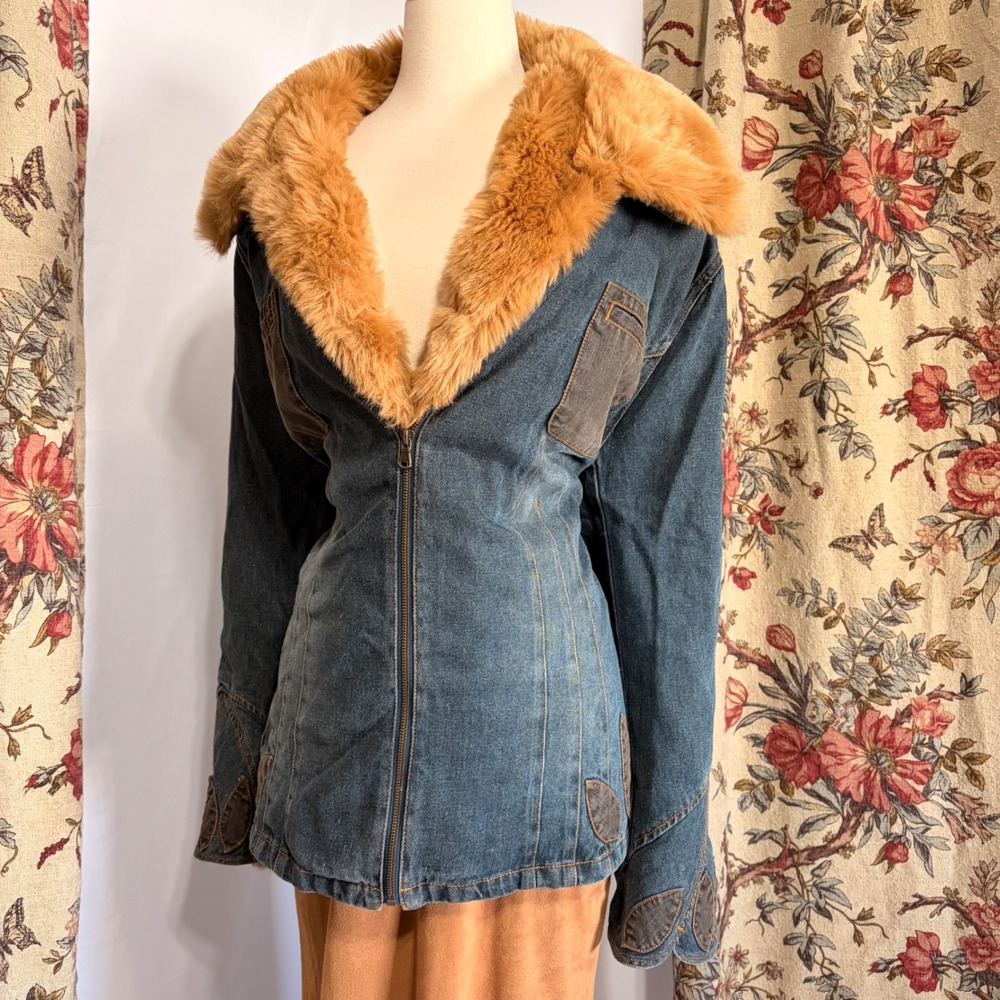 Faded Glory Blue Denim Coat with tan Faux Fur Trim and Boho Floral Embroidery - Picture 2 of 13